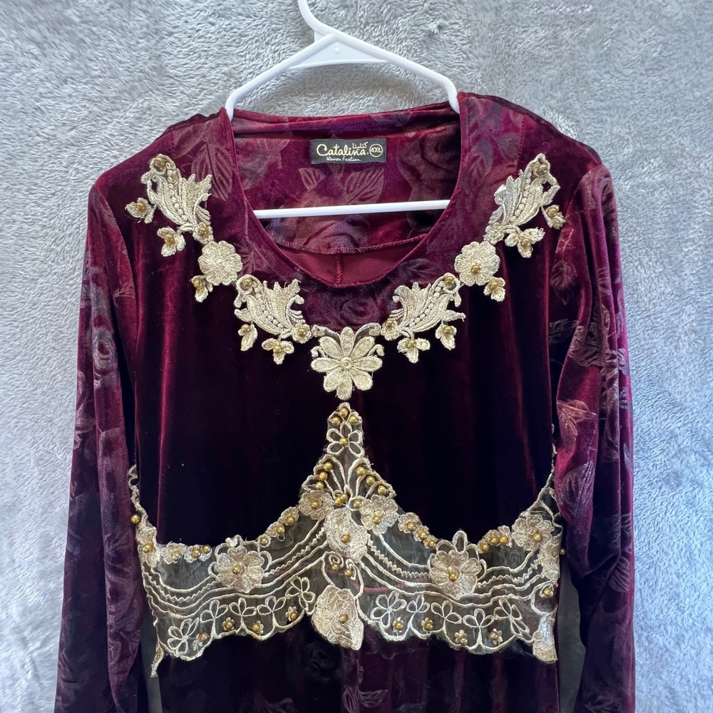 Catalina M/L Burgundy Velvet Floral Burnout Maxi Whimsi Fairygoth Romance‎